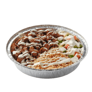 Lamb Over Rice Platter with white sauce at Halal Crispy Bites