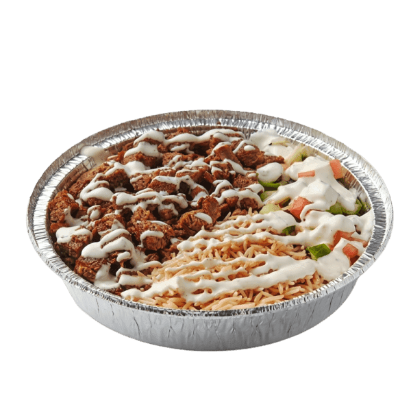 Lamb Over Rice Platter with white sauce at Halal Crispy Bites