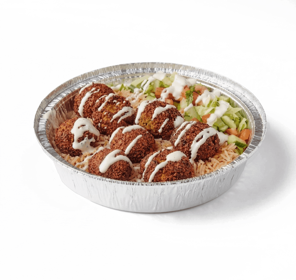 Fresh Falafel Over Rice Platter with crispy falafel and salad