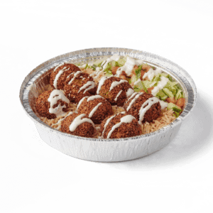 Fresh Falafel Over Rice Platter with crispy falafel and salad