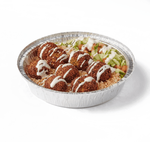 Fresh Falafel Over Rice Platter with crispy falafel and salad