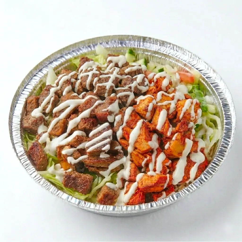Lamb and Chicken Salad Platter served fresh at Halal Crispy Bites