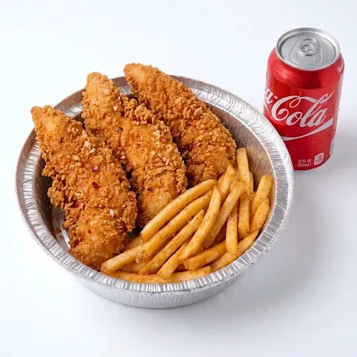 3 Pc Chicken Tender Combo with crispy halal chicken tenders and a soft drink at Halal Crispy Bites in Baltimore