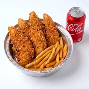 5 Pc Chicken Tender Combo with crispy halal chicken tenders and a soft drink at Halal Crispy Bites in Baltimore