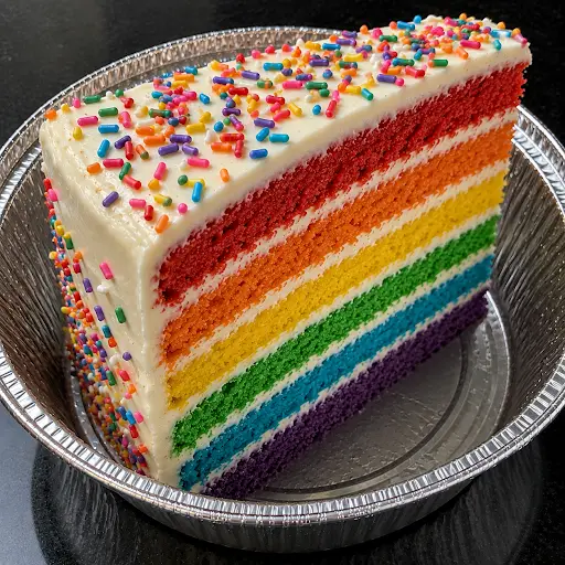 Fresh Rainbow Cake Slice with colorful layers and vanilla frosting at Halal Crispy Bites in Baltimore