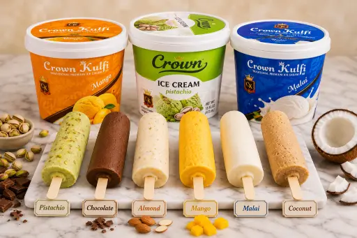 Kulfi vs regular ice cream featuring Crown Kulfi popsicles and premium ice cream tubs in mango, pistachio, malai, chocolate, almond, and coconut flavors.