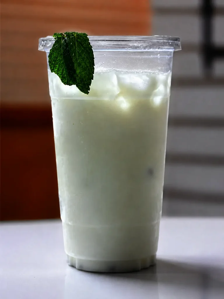 Ice-cold Sweet Mint Lassi made with creamy yogurt and fresh mint at Halal Crispy Bites in Baltimore
