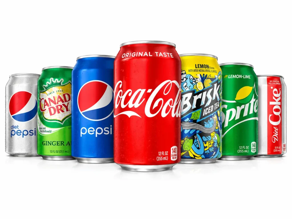 Assorted soft drinks including Coca-Cola, Pepsi, Sprite, Ginger Ale, Brisk, and Diet Coke served at Halal Crispy Bites in Baltimore
