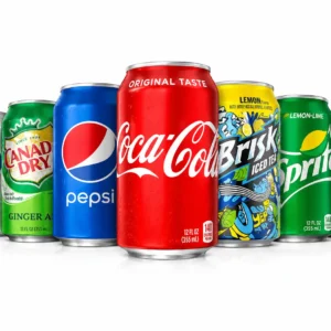 Assorted soft drinks including Coca-Cola, Pepsi, Sprite, Ginger Ale, Brisk, and Diet Coke served at Halal Crispy Bites in Baltimore