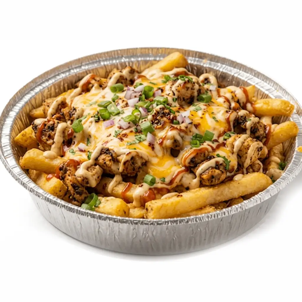 Loaded Fries topped with seasoned halal chicken and melted cheese at Halal Crispy Bites Baltimore