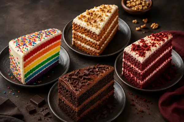 Rainbow, Red Velvet, Chocolate & Carrot Cake
