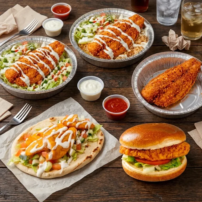 Fish over rice platter, fish gyro, fish burger, fish salad