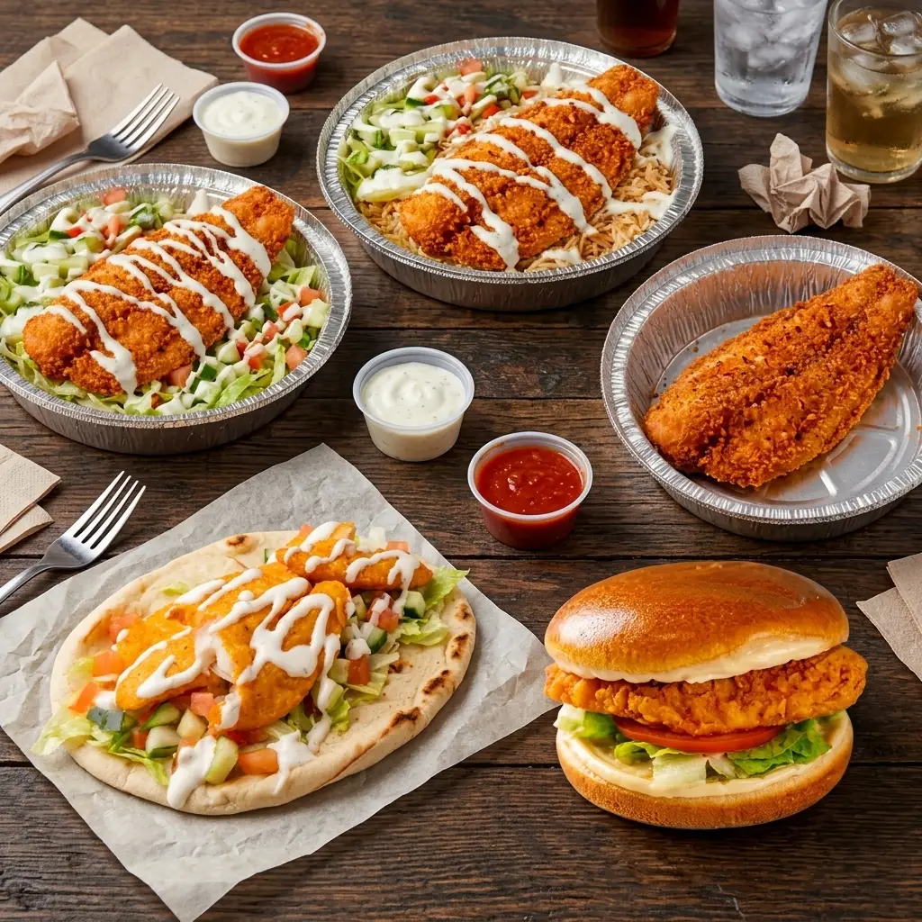 Fish over rice platter, fish gyro, fish burger, fish salad